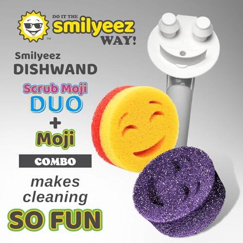 Image of The Original Smiling Handle with Soap Dispensing for Scrub Daddy (Reg. TM) Sponge and Scrub Moji Sponge, Smile Caddy, and 2 Scrub Mojis (White /Grey Wands)