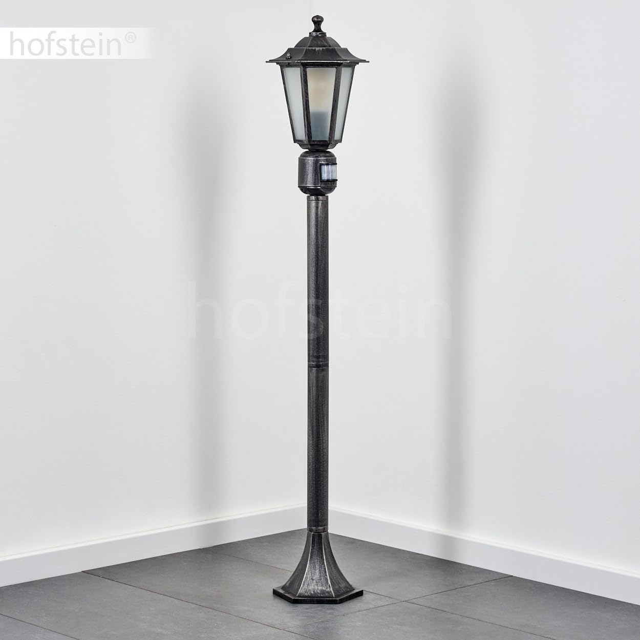 Lampe d'extérieur Loria, avec détecteur de mouvement en métal/verre noir-argenté/blanc, lampe d'extérieur à l'aspect antique, 107cm, lampe de jardin, éclairage de jardin IP44, 1x E27, sans ampoule
