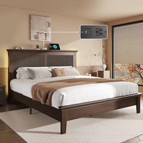 Lifezone Wood Queen Bed, Solid Wood Bed With Tall Headboard, American Vintage Design, Queen Bed With...