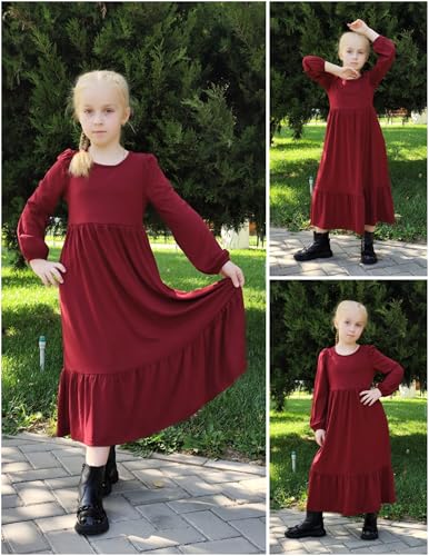 Image of Arshiner Girls Maxi Dresses Lantern Long Sleeve Casual Holiday Dress with Pockets for 5-14 Y