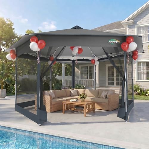 Image of COBIZI 16x16 Pop Up Gazebo Tent with Mosquito Netting, Gazebos on Clearance, Hexagonal Outdoor Canopy Shelter, Patented Center Lock 6-Sided Portable Gazebos, Pop Up Canopy Tent for Backyard, Gray