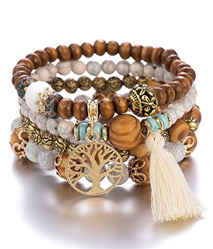 LICHUANUK Boho 4 Stück Armbänder Holzperlen Quaste Armband, Chakra Armband für Frauen, Natürliches Kristall heilsteine armband, Frauen Baum des Lebens Charm Statement Armreifen, Kristall Perle