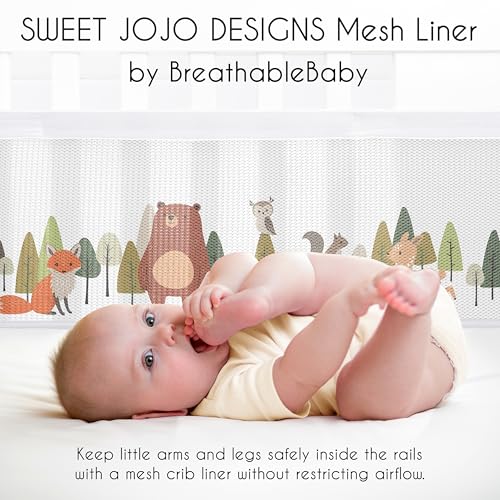Image of Sweet Jojo Designs + BreathableBaby Woodland Animals Boy, Girl, Unisex /Gender Neutral Breathable Mesh Crib Liner Baby and Infant - Green, Watercolor, Forest Animal Friends, Bear, Deer, Woodsy Pals