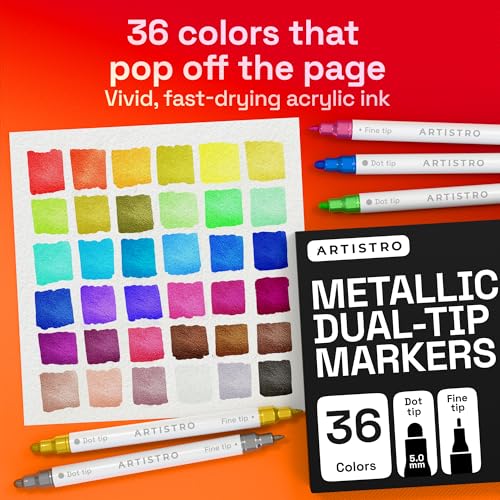 Image of ARTISTRO 36 Metallic Dual-Tip Acrylic Paint Markers - Paint Pens Set with Dot & Fine Tips for Fabric, Rock, Glass, Wood, Coloring Books - Arts & Crafts Gift - Classroom Must Haves & School Supplies
