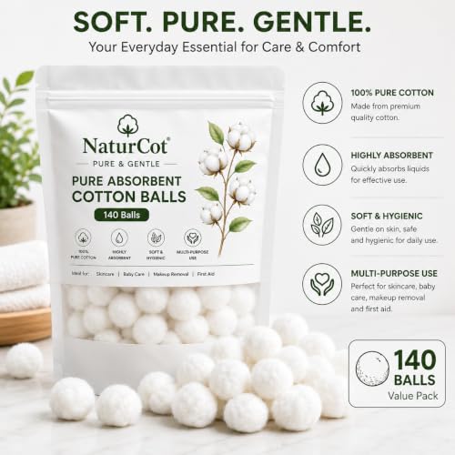 Image of Enriched Premium 100% Pure Cotton Balls (140 Pieces) | Ultra-Soft, Lint-Free & Highly Absorbent | Resealable Moisture-Proof Pouch for Skincare, Baby Care, Makeup Removal & First Aid