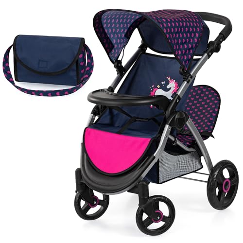 Bayer Design Dolls: Twin Star Stroller - Blue, Hot Pink, Unicorn - Seats 2 Dolls Up to 18