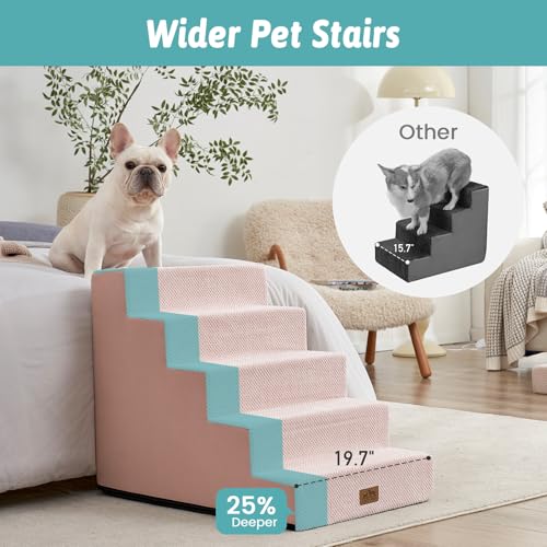 Image of COZY KISS Dog Stairs for Small Dogs 5-Step, 19.7 inch Extra Wide Right-Angle Pet Stairs for Couch and Beds, Anti-Slip Dog Steps for Old Cats and Lowrider, 19.7x29.5x23.6 inch, Pink