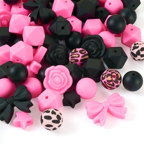 Magibeads 64Pcs Black Pink Silicone Focal Beads 15mm Round Beads Leopard Print Star Flower Rose Bowknot Spacer Beads for Crafts DIY Pens Keychain Lanyard Jewelry Making Supplies