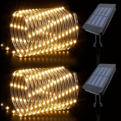 IJG Christmas 2 Pack Solar Rope Lights Outdoor Waterproof,Each 33ft 100 LED 8 Modes and Timer Clear Tube String Lights for Outside(White)