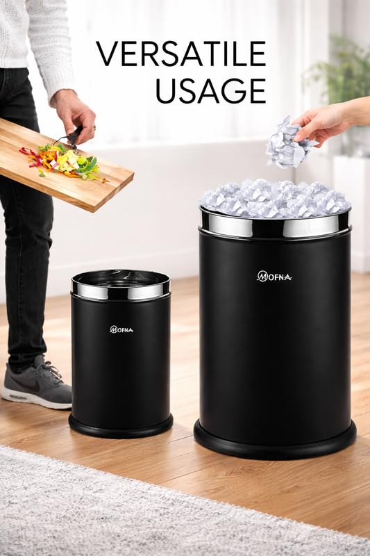 Image of mofna Stainless Steel Open Top Dustbin for Home - 18 L | Black Modern Trash Can with Anti-skid Base | Rustproof Garbage Bin | for Kitchen, Bathroom, Office & Commercial Use | 10 x 14 Inch