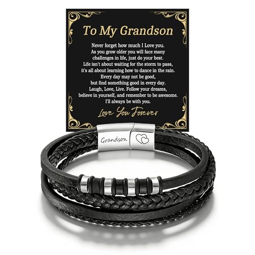 Angelra Gifts for Grandson Teenage Boys Mens Braided Leather Bracelet with Stainless Steel Magnetic Clasp Birthday Christmas Valentine Graduation Presents for Him(To My Grandson)