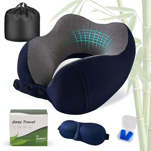 Image of Cirorld Neck Pillow for Traveling, Travel Pillows for Airplanes,100% Pure Memory Foam Travel Neck Pillow, Adjustable Flight Pillow, Portable Plane Accessories with Eye Mask, Earplugs, Carry Bag