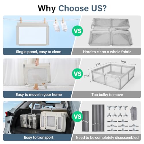 Image of Large Baby Playpen for Babies and Toddlers 79x71 Inch, Adjustable Foldable Indoor & Outdoor Play Pen for Toddlers Twins Baby Fence Play Yards with Breathable Mesh Anti-Fall Playpen,Khaki