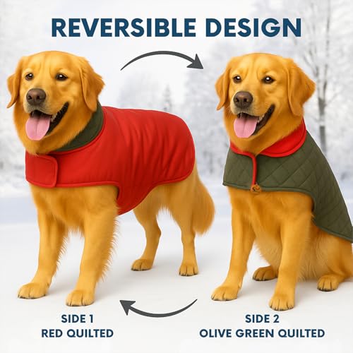Image of Sage Square Double-Sided Quilted Dog Jacket - Weather-Resistant, Lightweight, Waterproof, Designed for Comfort & Warmth, Adjustable Fit, Perfect for Indoors or Outdoors (Quilt Red, 5XL - 28 Inch)
