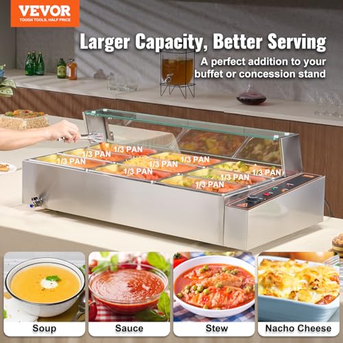 VEVOR kommerzieller Speisenwärmer mit 9 Behältern (je 5 Qt / 1/3 Größe), elektrischer Dampftisch mit Glasabdeckung, 1500 W Arbeitsplatte aus Edelstahl, Buffet-Bain-Marie, 30–85 °C Temperaturregelung – Bild 3