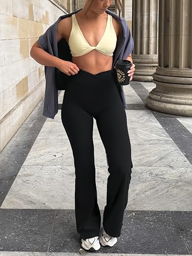 Sogetdo Crossover Flare Leggings for Women Seamless Tummy Control Bootcut Wide Leg Gym Workout Yoga Pants3