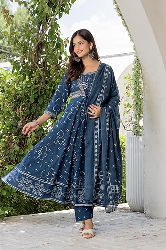 Image of Rangnavi Women's Cotton Trending Anarkali Embroidered Kurta with Pants and Dupatta Set | Ethnic Set (Blue)