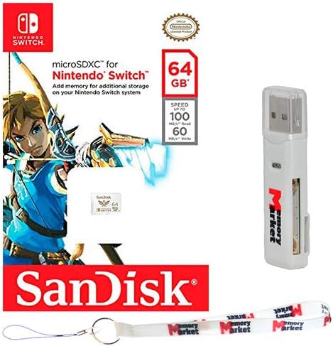 SanDisk 64GB MicroSD XC Memory Card UHS-I 100 MB/s for Nintendo Switch - SDSQXAT-064G with Dual Slot MemoryMarket MicroSD & SD Memory Card Reader and MemoryMarket Lanyard