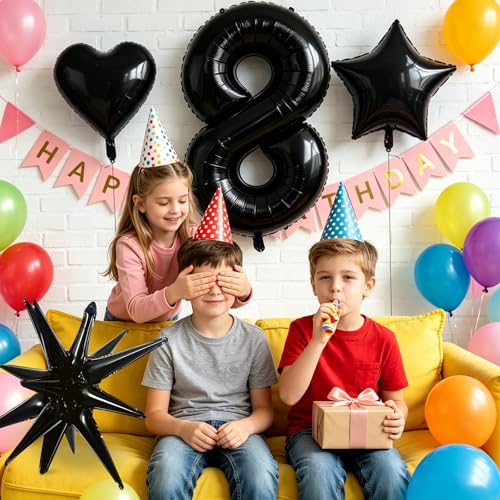 Image of TONIFUL 8th Birthday Balloons Kit 40 Inch Black Large Number 8 Foil Balloon | with 18Inch Helium Mylar Heart Star Balloons for Kids Women Men Birthday Anniversary Graduation New Year Eve Party Decoration