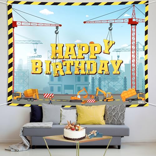 Image of Party Propz Construction Theme Birthday Decoration Backdrop for Boys - 2pcs, Happy Birthday Backdrop Banner, Transport Theme Decorations, JCB Theme Party Decoration (Cloth Banner)