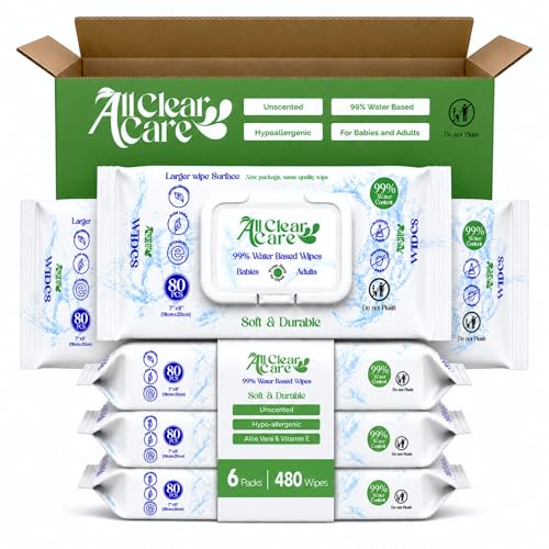 Image of All Clear Care Baby Wipes, Unscented for Sensitive Skin, Large Soft Durable & 99% Water Based, Gentle & Hypoallergenic for Babies & Adults, Vitamin E and Aloe, Flip Top Lid, 6 Pack, 480 Count