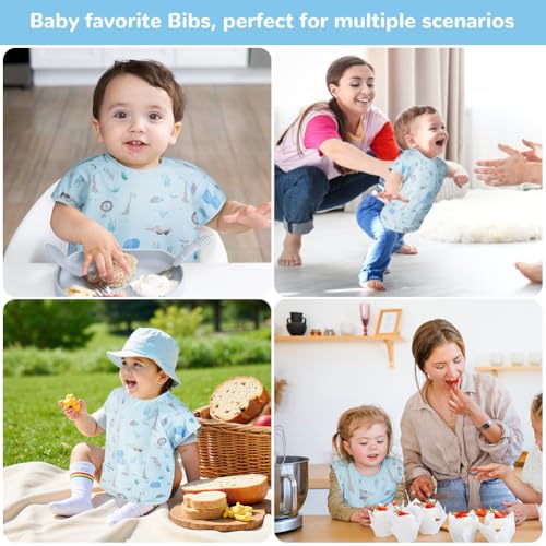 Miniatura 7 de Vicloon Baberos Para Bebés, Babero De Destete Sin Mangas De Impermeable Con Recolector Alimentos, Material Pu Suave, Fácil De Limpiar, Delantal De Dibujo Para Bebés Come O Juega, Zoológico Azul