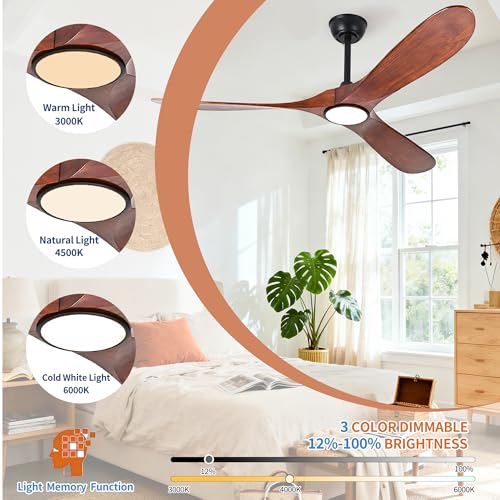Image of Ceiling Fan with Light and Remote Modern Outdoor Ceiling Fans with Lights for Indoor Bedroom Living Room Patios Gazebo Wood 3 Blade Propeller High CFM Wet Rated Exterior Fan Dark Walnut 60 Inch