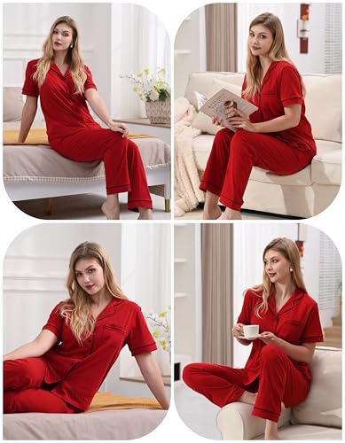 Image of NAP BOUND 100% Cotton Women's Pajama Sets Short Sleeve Button Down Soft Pjs 2 Piece Lounge Set with Pocket Nightwear XS-XXL