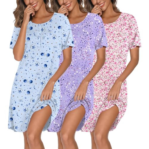 Ekouaer 3 Pack Nightgowns for Women Short Sleeve Sleepshirt Button Down Nightshirt Soft Pajamas Dress Casual Sleepwear