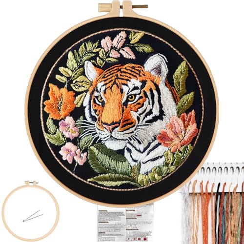 Image of FONNUY Tiger Floral Embroidery Kit, Cross Stitch Kits for Beginners, Handmade Crafts with Printed Patterns for Beginner Adults, Easy to Follow Color Thread Needlework, 8'' Hoop