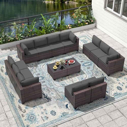 Image of 14 Pieces Outdoor Patio Furniture Set,Outdoor Sectional Furniture All Weather PE Rattan Wicker Patio Conversation Set with 2 Coffee Tables and 12 Thickened Cushions,Grey