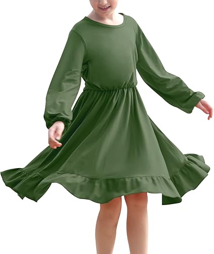 Girls Long Sleeve Dresses Round Neck Plain Ruffle Swing Maxi Fall Dress with Belt