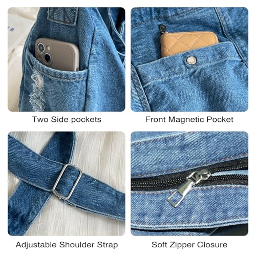Image of Denim Shoulder Bag for Women,Canvas Tote Messenger Bag with Zipper,Large Casual Crossbody Hobo Handbag Denim Purse