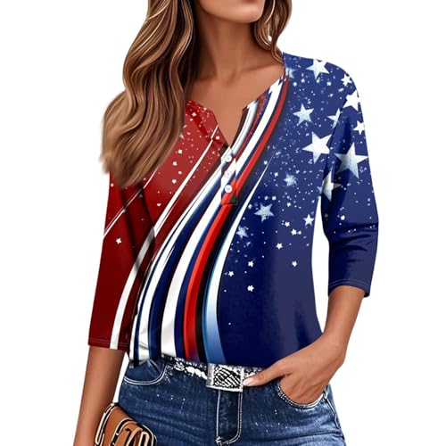 Image of 4th of July Shirts Women 3 /4 Length Sleeve Womens Tops Henley Neck Casual Patriotic T Shirts