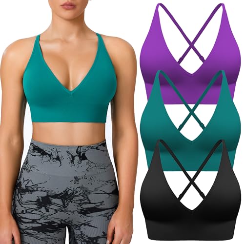 Image of BLUELILY Sports Bras for Women Padded Adjustable Deep V Neck Bra Seamless Spaghetti Strap Criss Cross Light Impact Yoga Bras
