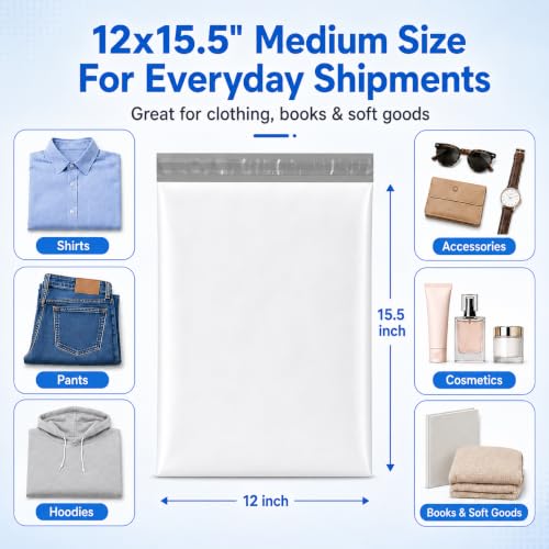 Image of Metronic Poly Mailers 12x15.5 500pcs Bulk Shipping Bags for Business White