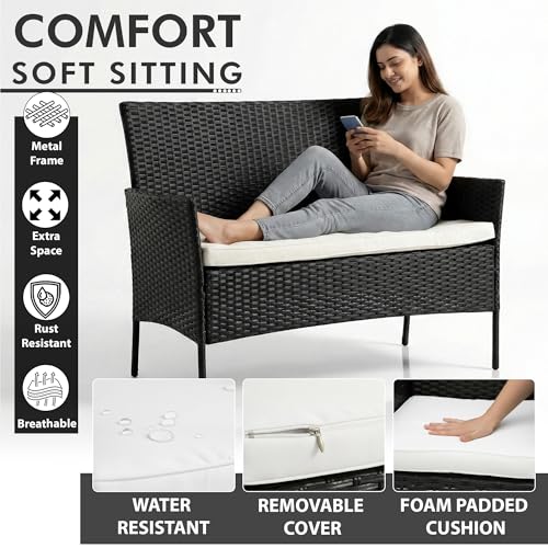 Image of OUTLIVING Outdoor 4 Seater Sofa Set || Patio Furniture Sets || Balcony Sofa || Indoor Sofa || Wicker Rattan Garden Sofa Set with Cushion and Center Table (Black /White)