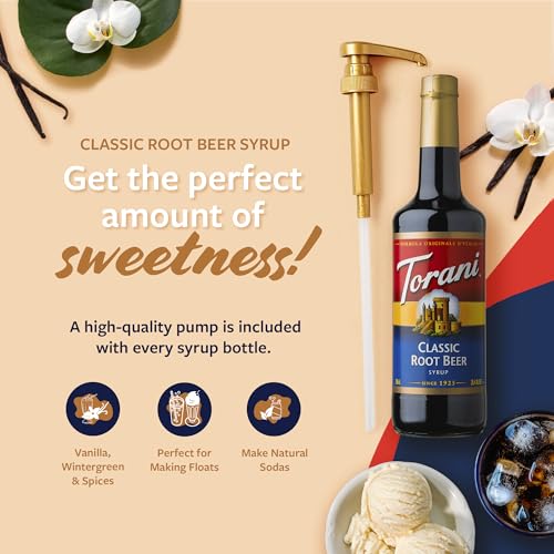Image of Torani Classic Root Beer Syrup for Drinks, Flavoring for Soda, Floats, and Shakes, Glass Bottle with Pump Included, 25.4 Fl Oz
