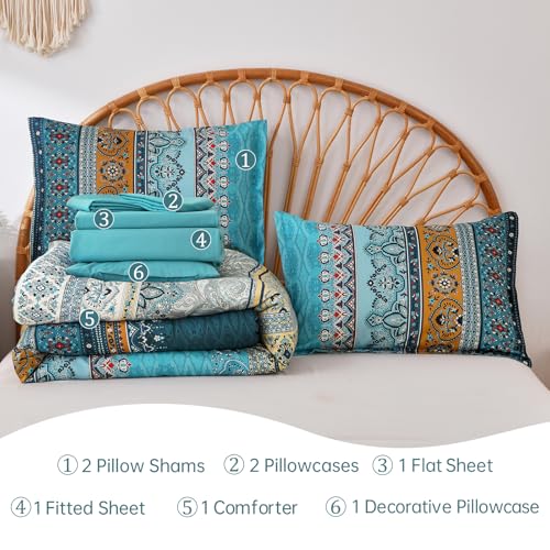 Image of Cottolester Boho Queen Comforter Set 8 Pieces,Teal and Yellow Bohemian Comforter Paisley Striped Bed in A Bag,Soft Microfiber Bedding Set for All Season
