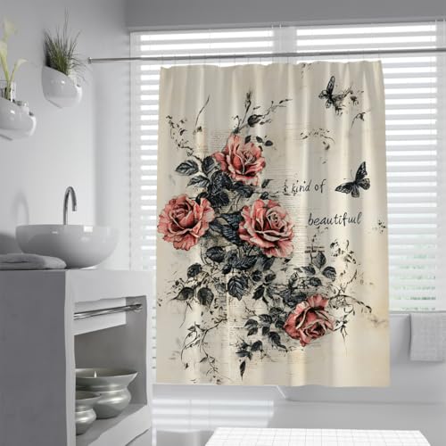 Rideau de bain rose papillon 90x180cm en polyester imperméable
