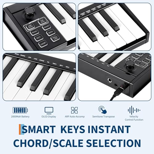 Image of 37 Key MIDI Keyboard, USB Controller with 8 Drum Pads OLED Screen DAW Compatible for Home Studio Music Making, Black