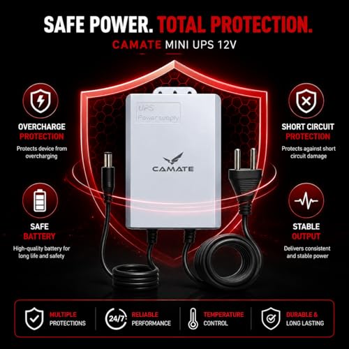 Image of Camate Mini UPS 12V Power Backup for WiFi Router & CCTV Camera | 3600mAh Battery, 4-6 Hr Backup | Weatherproof Outdoor Use | 12V 2A Output | Plug & Play | Safety Protection