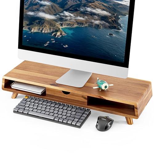 TINAMO Acacia Wood Monitor Stand with Drawer - Wooden Monitor Riser for Desk - Computer Monitor Stand for Desk - Multi-Purpose Desktop Storage Stand for Computer; Laptop; Printer; TV - 24.4 