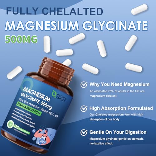 Nature Target Magnesium Glycinate 500Mg, Chelated Magnesium With Zinc & Vitamin D3 For Muscle, Nerve And Bone, Support Heart Health & Leg Cramp, Strength Immune System thumb #1