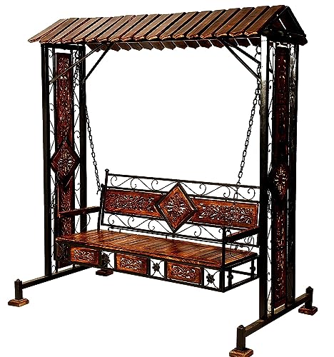 Image of Habiba Art Store Swing Jhula Chair, Hammock, Outdoor - 3 Seater Solid Wood & Iron Swing Jhoola Swing Jhula, Hammock Jhula, Cradle for Relaxing Outdoor Seating