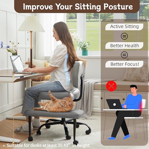 Image of Ergonomic Criss Cross Legged Office Chair, ADHD Chair, 360 Swivel Meditation Kneeling Chair with Wheels, Adjustable Footrest, Bigger & Wider Height Adjustable Seat, Strong Lumbar Support, Grey PU