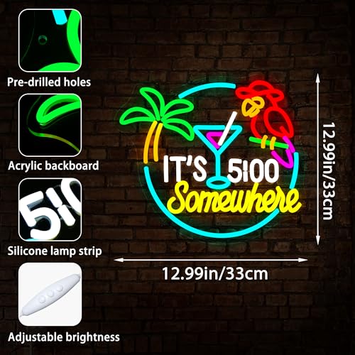 Image of Its 5 Oclock Somewhere Neon Sign for Wall Decor Dimmable Parrot LED Light Home Beer Bar Decor Palm Tree Sun Beach Neon Signs for Man Cave Garage Party Hotel Gifts for Men Size 13.1 * 13in(GLNP168)