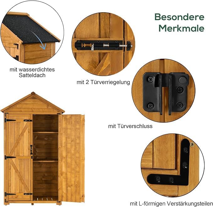 Detailed view of the M MCombo garden cabinet's features, including the waterproof pitched roof, door latch, flexible hinges, and L-shaped corner reinforcements.