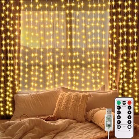 echosari Curtain Lights, 300 LED Fairy Curtain Lights with Remote Timer, USB Powered Copper Curtain String Lights 9.8Ft x 9.8Ft for Bedroom Window Christmas Wedding Decor (Warm White) Cover
