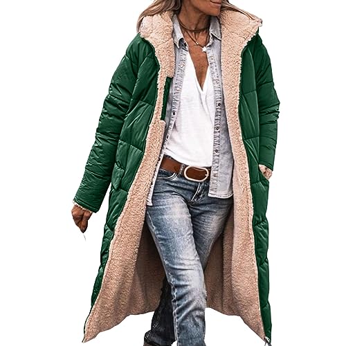 Baimiu Long Fleece Jacket Women Winter Reversible Puffer Coat Sherpa Padded Down Jackets Oversized Long Sleeve Hooded Coats Green